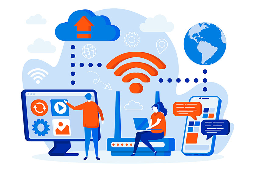 Wireless technology web design with people characters. People use WiFi cinnection scene. Network communication composition in flat style. Vector illustration for social media promotional materials.